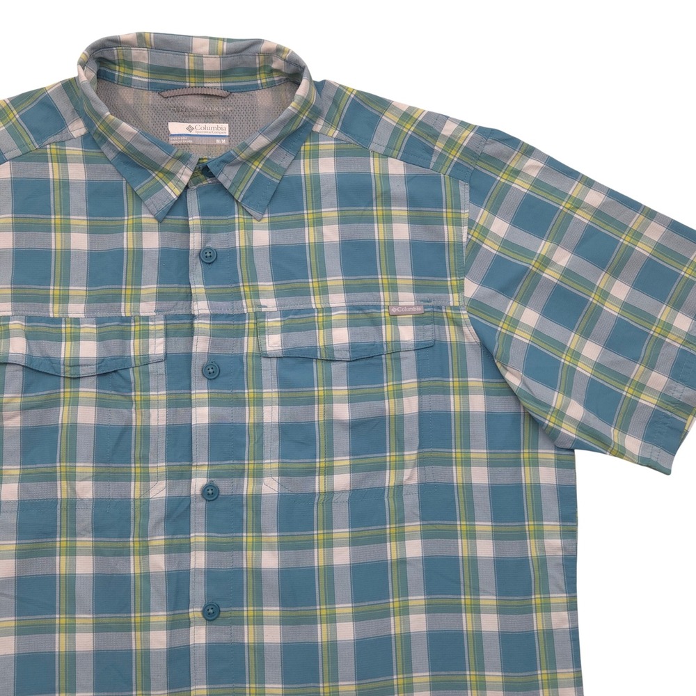 Columbia Teal Plaid Short Sleeve‎ Button Down Vented Shirt Mens Medium